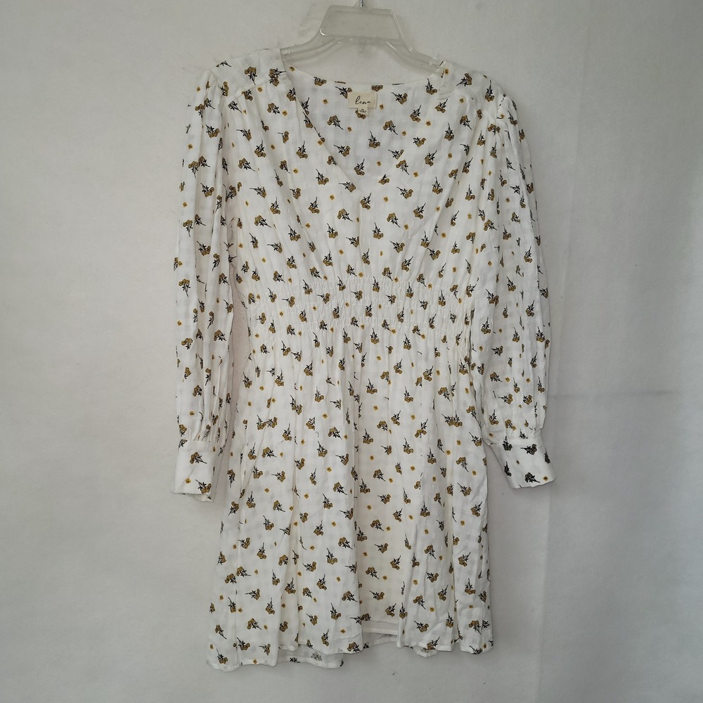 Lena White Floral Print Smocked Waist V Neck Long Sleeve Mini Dress‎ Size M